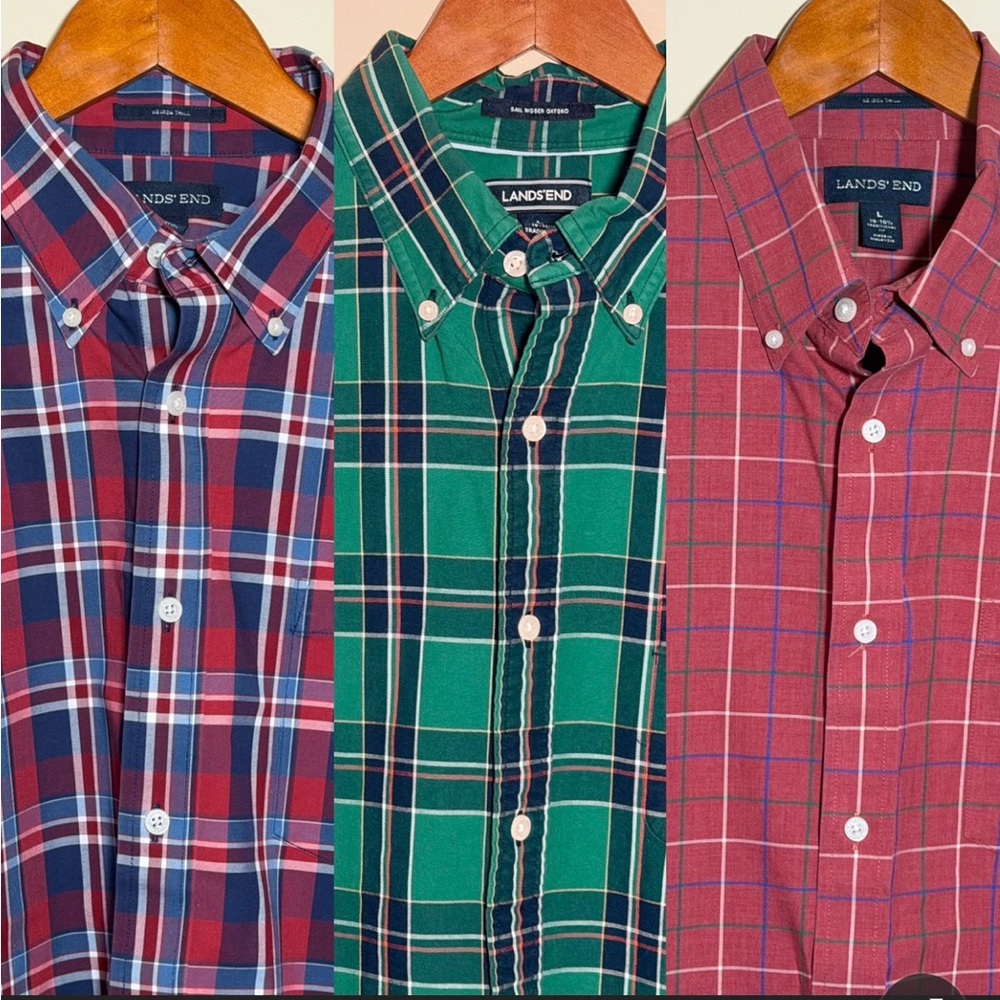 Lands’ End Men’s Button Down Shirt Bundle Lot of 3 Plaid Oxford L 16–16.5